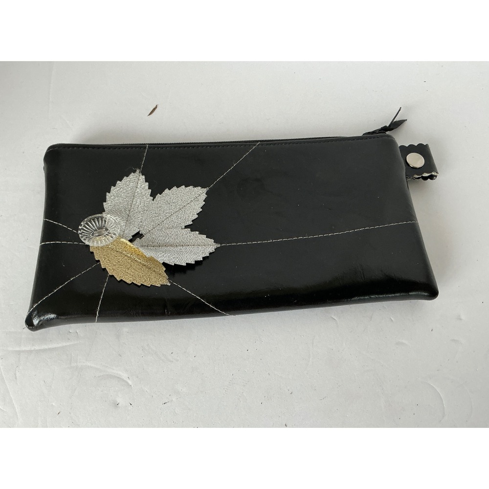 Laura Bee Designs Black Leather Leaf Appliqué Clutch Bag Handmade‎ Seattle Small